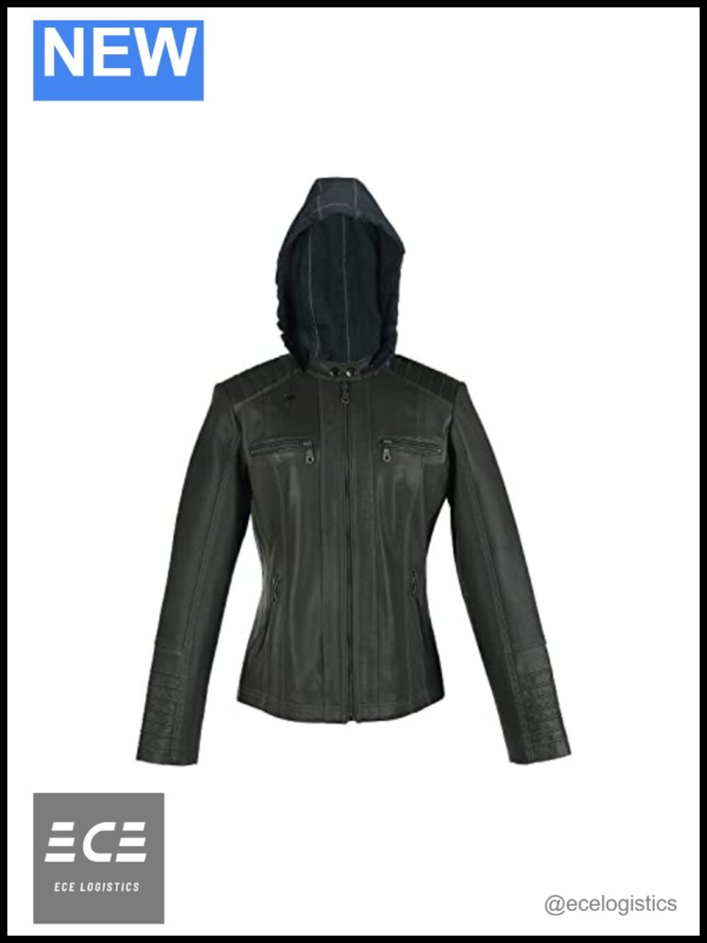 Lambskin Leather Jacket Removable Hood Zip Closure Round Neck Biker